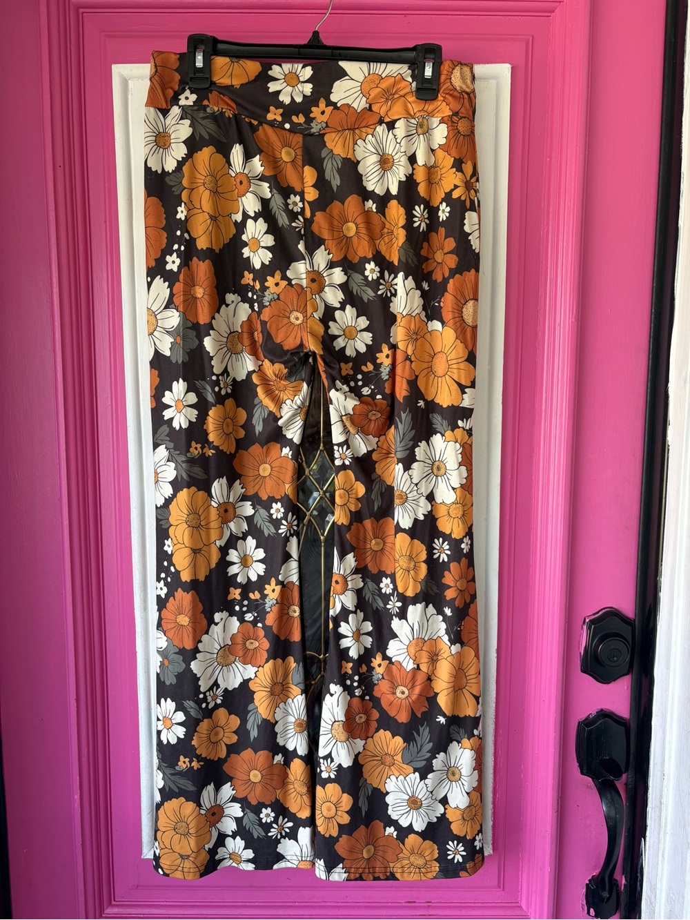 Retro Floral Wide-Leg Pants — Orange & White on Black